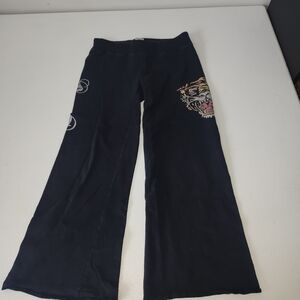 Ed Hardy Wide Leg Black Pants with Graphic Detail
